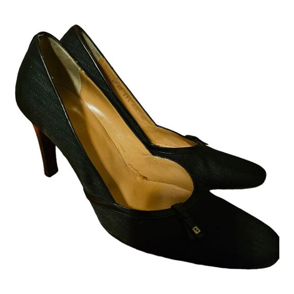 BALLY "Sitelle" Black Pinstriped Cloth Heels - Size 37 1/2 - Picture 1 of 9